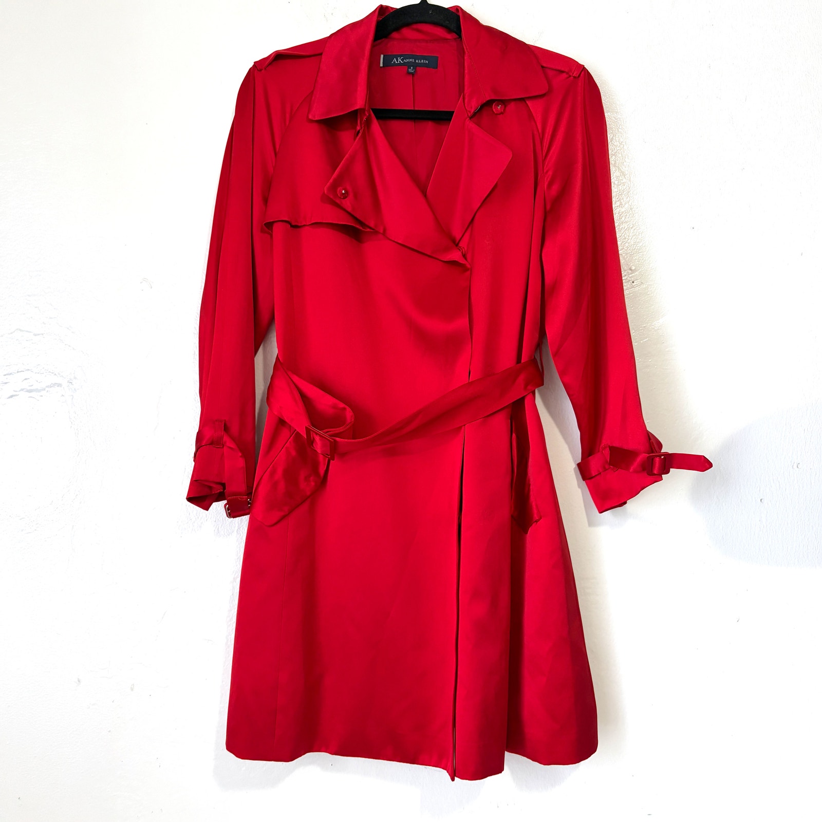 Vintage Anne Klein 100% Silk Satin Belted Trench Coat Red Size S